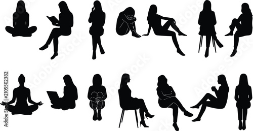Sitting women vector silhouettes set featuring diverse female poses meditating working reading and relaxing isolated on white background.