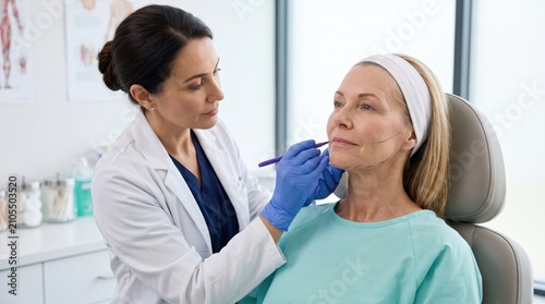 Plastic surgeon drawing lines on patient face before facial surgery. Professional woman doctor evaluating skin for facelift procedure. Medical aesthetic clinic consultation concept.