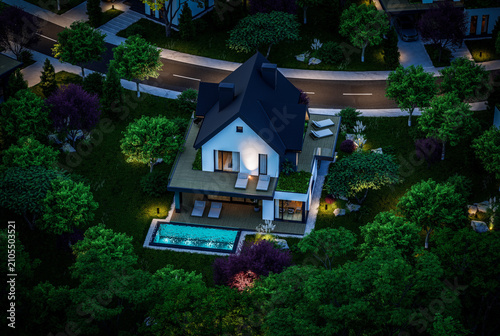 3d rendering of contemporary architectural luxury house exterior at night. Modern Scandinavian style family home, dramatic exterior lighting and garden landscaping at twilight