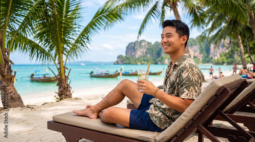 Cheerful Asian male traveler relaxing on a luxury beach chair beneath swaying palm trees, enjoying the turquoise ocean and warm sunshine. Tropical summer vacation, luxury resort, and peaceful travel 
