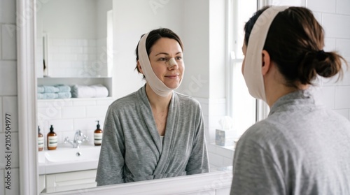 Woman with compression bandage on face looking in mirror after plastic surgery. Patient recovering from facial aesthetic correction. Beauty transformation and medical recovery concept.