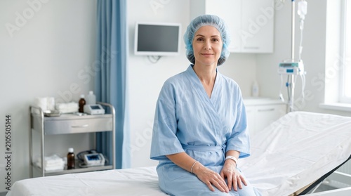 Woman patient sitting on bed in clinic prepared for plastic surgery. Female in hospital gown and medical cap ready for aesthetic procedure. Healthcare, wellness and surgery interior.