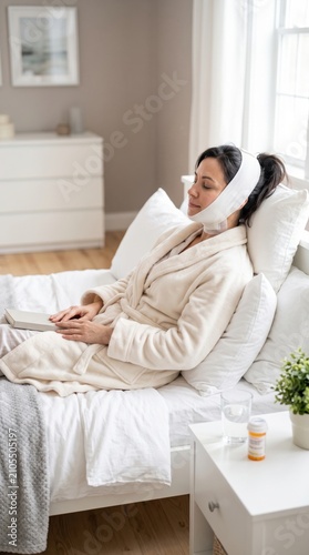 Woman wearing compression garment on face resting in bed after plastic surgery. Patient recovering from chin liposuction or facelift. Healthcare, medical procedure, aesthetic medicine.
