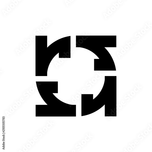 A bold geometric monogram logo featuring four interconnected uppercase letter R forms arranged in a symmetrical square composition. The minimalist black-and-white design uses thick linear strokes and 