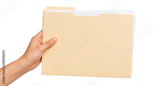 Hand holding beige file folder with white documents isolated on transparent background