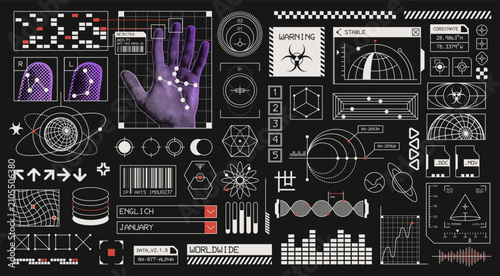 Mega Set of Futuristic UI Elements and Cyberpunk Interface Components, Sci-Fi HUD Shapes, Frames and Micrographic Design Assets for Technology Dashboard Templates.
