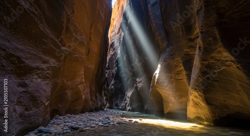 Sunlight in a rocky canyon.
