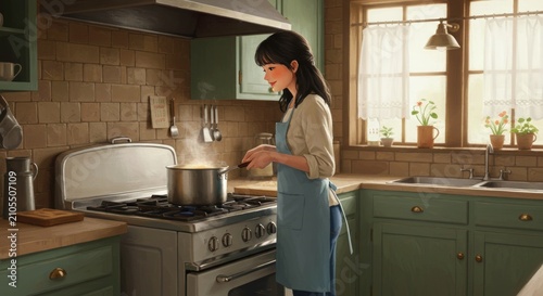 Woman cooking in green kitchen.