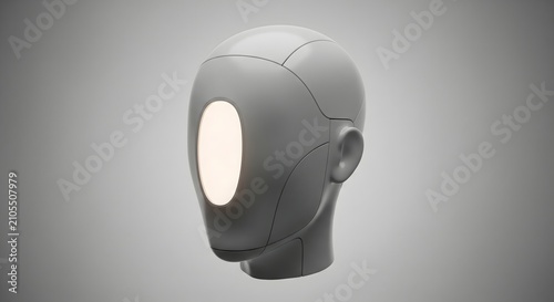 Sleek futuristic robot head with a glowing faceplate on a grey background.