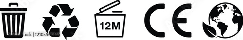 Foto Product compliance symbols for responsible usage, environmental protection, recycling, disposal, and packaging label vector designs