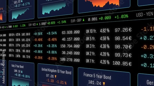 Stock market screen, bond trading screen, interest rates, prices moving up and down, theme. Financial market, yield, debt financing, treasury bond, coupon, central bank rate, credit score, market data