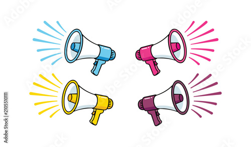 Four colorful megaphones with sound waves illustrating communication and public speaking vector