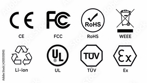 Set of common certification and compliance symbols including CE FC RoHS UL TUV and Ex.
