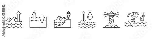 Foto Ocean water and navigation line icon set, sea waves, tide level, lighthouse, wat