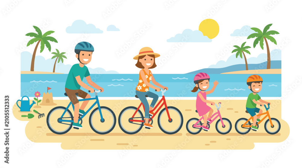 Fototapeta premium A happy family of four is enjoying a sunny day by riding their bicycles along a beautiful tropical beach with palm trees and a blue ocean.
