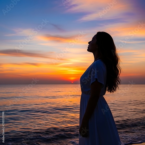 Silhouetted Young Woman Standing by Ocean at Colorful Sunset