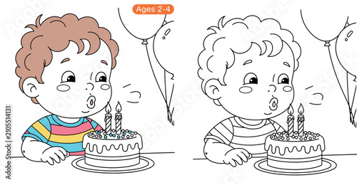 фотографія Cute toddler in a striped shirt blowing out two candles on a birthday cake, colo