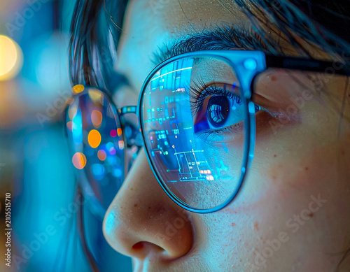 Close-up portrait of a person wearing futuristic digital glasses.