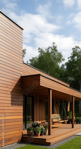 Modern Wooden House with Covered Porch in Green Garden