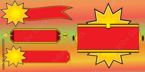 Retro Red and Gold Signage Banner Set with Starburst and Copy Space EPS Vector