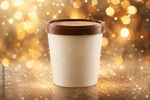 Blank White Paper Ice Cream Tub Mockup with Brown Lid on Luxurious Golden Bokeh Background for Brand Presentation