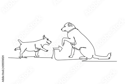 A puppy develops into an adult dog.Metamorphosis concept.Single line draw design.Vector graphic illustration