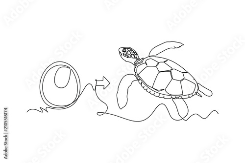 A sea turtle hatches from an egg and matures.Metamorphosis concept.Single line draw design.Vector graphic illustration