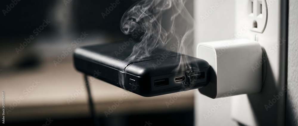 Naklejka premium Smoking portable power bank overheating while charging in electrical outlet