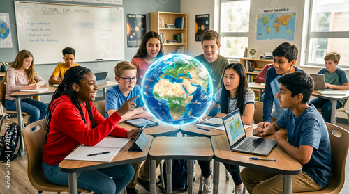 Diverse students collaborating in a modern classroom with a holographic globe.