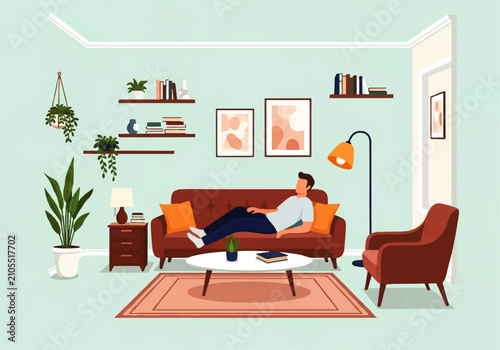 Vector flat design illustration of a man relaxing on a sofa in a cozy living room with plants and books