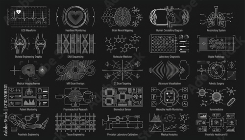 Biomedical Technology Interface Icons Vector Set for Healthcare Holographic Diagnostics, Clinical Research and Laboratory Infographics