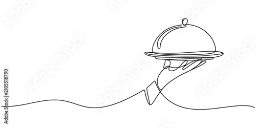 Obraz na płótnie Continuous single line drawing of a waiter hand holding a silver food serving pl
