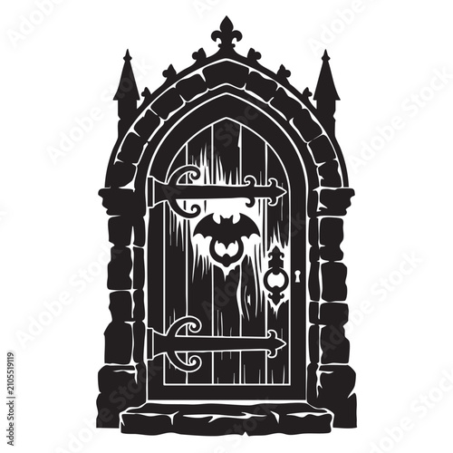 Gothic castle door vector illustration, spooky medieval stone archway with bat knocker, mysterious dungeon entrance for Halloween design