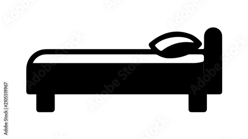 Simple black and white icon of a modern bed with pillows, representing sleep, rest, and comfortable home interior design