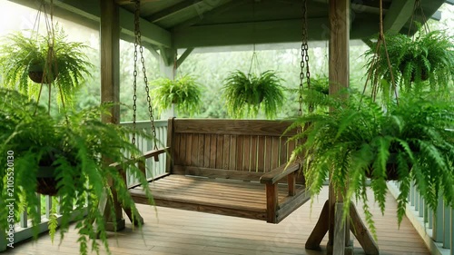 Rustic wooden porch swing. Hanging garden bench on a cozy outdoor patio.