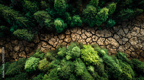 Aerial view of dry cracked earth merging into lush green forest, illustrating impact of climate change. contrast between barren land and vibrant trees is striking