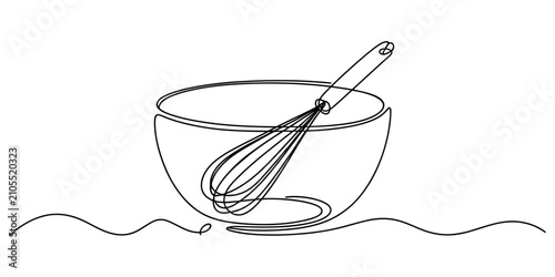 Foto Continuous single line drawing of a kitchen mixing bowl and a metal whisk tool