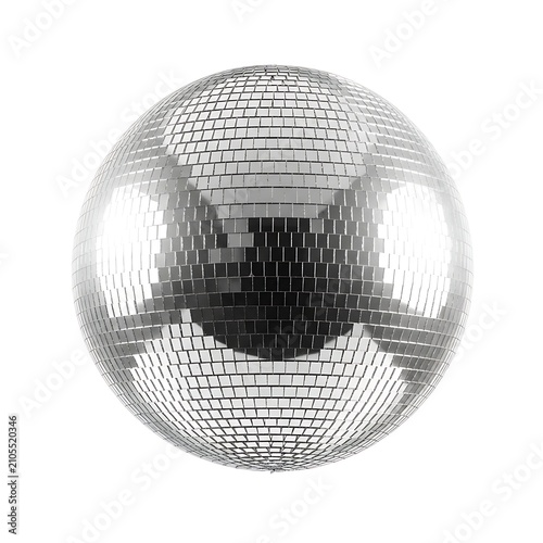 Shiny Silver Disco Ball Reflecting Light on Clean White Background