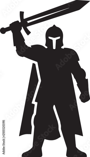 Obraz na plátne Warrior knight holding sword aloft silhouette icon medieval fighter historical soldier for design cool