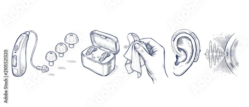 Hearing aid maintenance diagram illustration showing accessories, cleaning process, charging case, and ear placement in hand-drawn sketch style for audiology healthcare and hearing loss support.