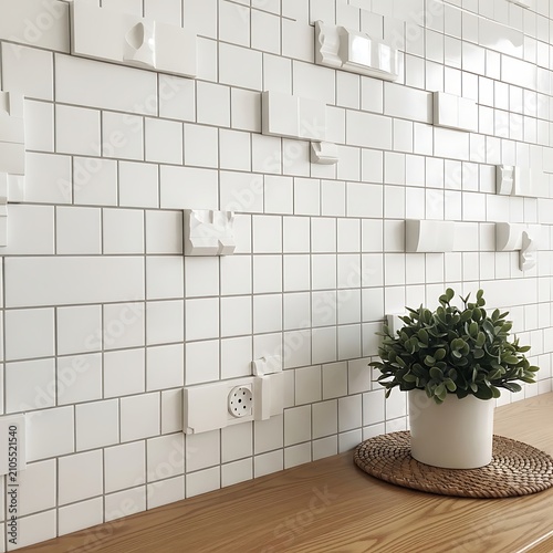 Modern White Tile Wall with Potted Green Plant on Wooden Table