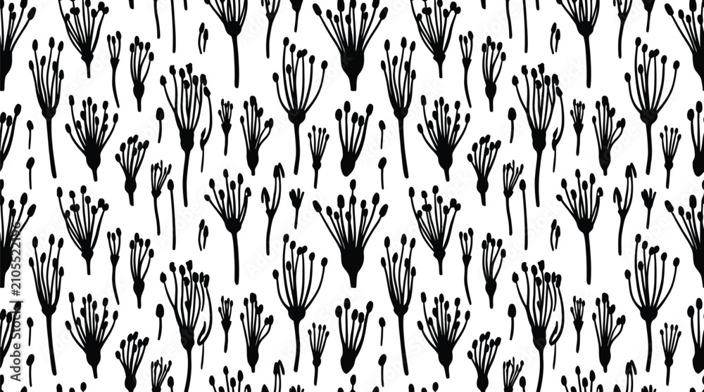 Fototapeta premium Seamless floral pattern with hand drawn stylized flower stems on transparent backdrop file.