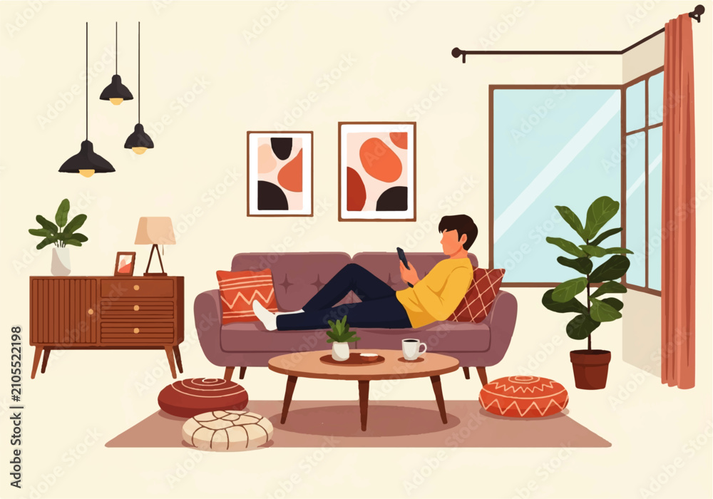 Fototapeta premium A man relaxing on a sofa with a smartphone, enjoying a cozy living room scene in a charming vector flat design