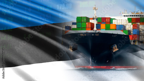 Cuadro en lienzo The Estonian flag, a large container ship, and market data illustrate Estonia's maritime trade, import and export industry, freight transportation, and economic growth indicators