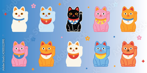 Japanese lucky cat maneki neko collection, colorful fortune prosperity symbols raised paw floral scarf medallion welcoming gesture, flat vector illustration
