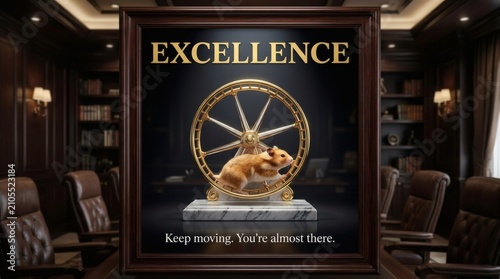 Golden Hamster Wheel Award Symbolizing Excellence and Persistent Effort in a Corporate Office