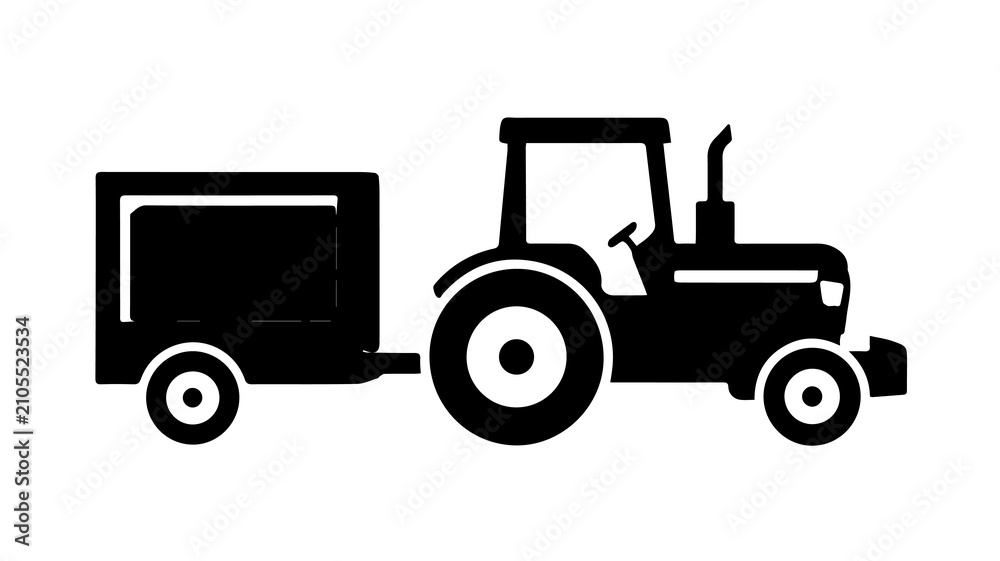 Fototapeta premium A black and white silhouette of a vintage tractor pulling a trailer, representing agriculture, farming, and rural transportation.