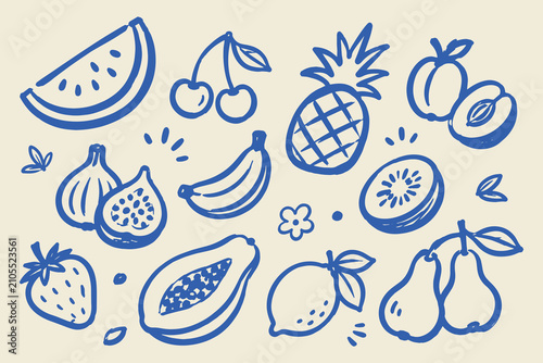 Fotografía Mixed Fruit Set Hand Drawn Doodle Vector Illustration