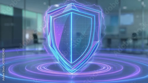 Futuristic digital shield with glowing neon lights protecting data in modern office environment