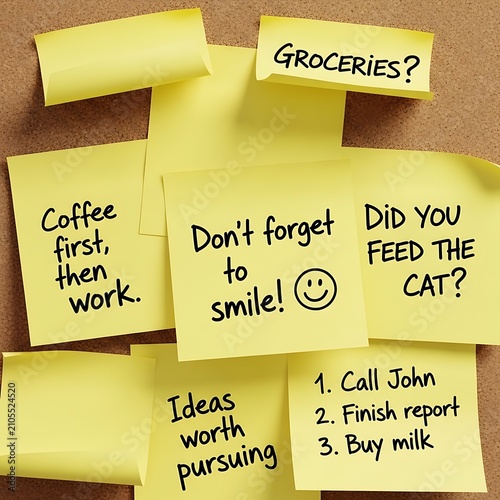 Yellow Sticky Notes with Handwritten Reminders Arranged on Cork Board